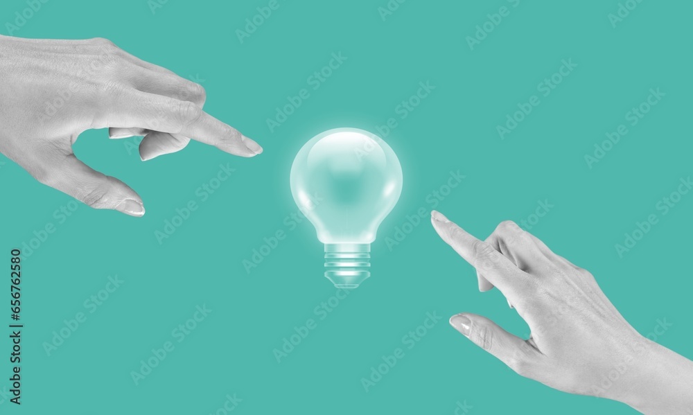 Poster Hand reaching to light bulb. Energy concepts