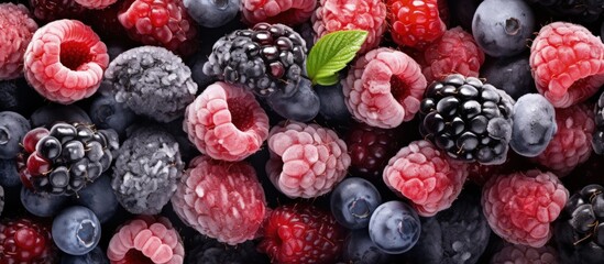 Background of mixed frozen berries with copyspace for text - obrazy, fototapety, plakaty