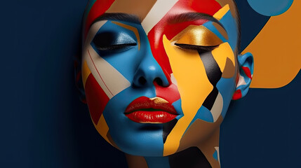 lady with abstract geometric face art on color background