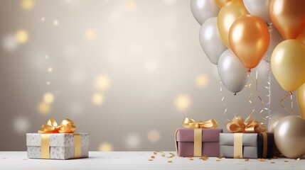 Birthday celebration background with gold and white balloons, gift decoration, and festive decor. Happy birthday, copy space banner backdrop.