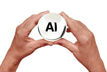 holding crystal ball with AI visible, indicating artificial intelligence as the future