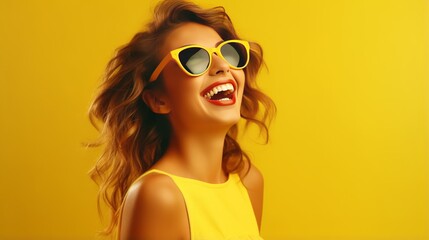 Photo of a woman with yellow sunglasses smiling brightly