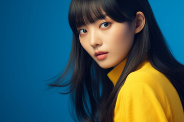 Beautiful close up portrait of a japanese model with black hairs, wearing yellow clothes, blue background, realistic, photo shot, sunny, clean