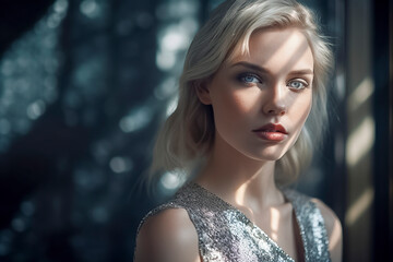 Obraz premium Elegance in Gray: A Stunning Model Graces the Scene with Blue-Eyed Glamour and Red Lip Charm, ai generative