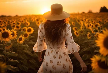 Rolgordijnen pretty woman walking in sunflower field farmland at sunset time, Generative Ai © QuietWord