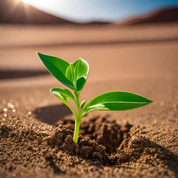 New green life sprouting forth from desert sand with dunes in background