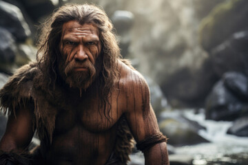 A Neanderthal with a powerful build stands near a roaring waterfall, their strong jawline and pronounced nasal cavities evoking a strong connection to the surrounding environment.