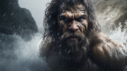 Set against a raging waterfall, a Neanderthal with a firm jawline and intense gaze emanates a strong spirit and determination to conquer the untamed forces of nature. - obrazy, fototapety, plakaty