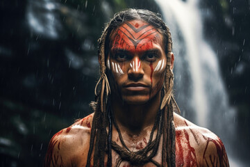 A young man with strong, broad shoulders and a determined expression. His face is painted with patterns representing his tribal heritage, and he stands against a backdrop of thunderous waterfalls,