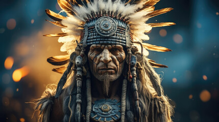 A wise shaman, his face adorned with feathers and ling beads, resembling the twilight sky behind him.