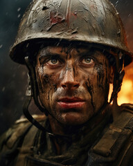 In the heart of a city engulfed in flames, a courageous legionnaire valiantly defends his comrades, his face smudged with dirt and sweat.