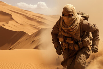 In the ing heat of the desert, a legionnaire braves the scorching sand dunes, determined to fulfill his mission under the unforgiving sun. - obrazy, fototapety, plakaty