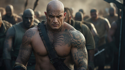 Alongside a row of cannons, a hulking pirate with a shaved head and tattoos covering his arms flexes his muscles, exuding an intimidating presence.