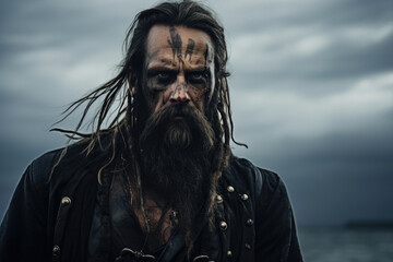 A gruff and serious pirate with a long, braided beard, standing against the backdrop of a deserted island surrounded by ominous dark clouds.