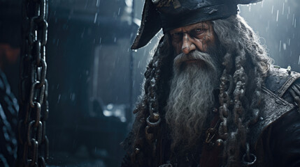 A grizzled old pirate with a long, gray beard and a metal hook for a hand, standing against a backdrop of a pirate ship navigating through treacherous waters.