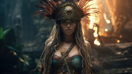 An imposing female pirate with an elaborate feathered hat, standing against a backdrop of an...