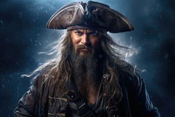 A determined and fearless pirate with a proud stance, standing against the backdrop of a massive...