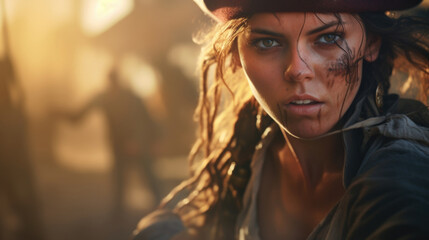 Fototapeta premium In an elaborate pirate hideout, a female pirate with a scar running across her cheek grabs a lass, ready to defend her crew at any cost.