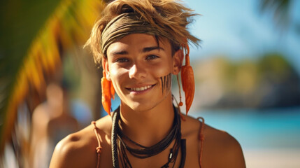 A young, charismatic pirate with a playful smirk and golden earrings, standing against the backdrop...