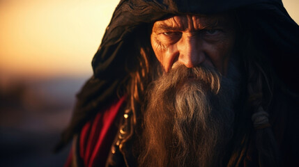 Framed by a red sunset, a fearsome pirate captain donned in a long, flowing black cloak glowers...