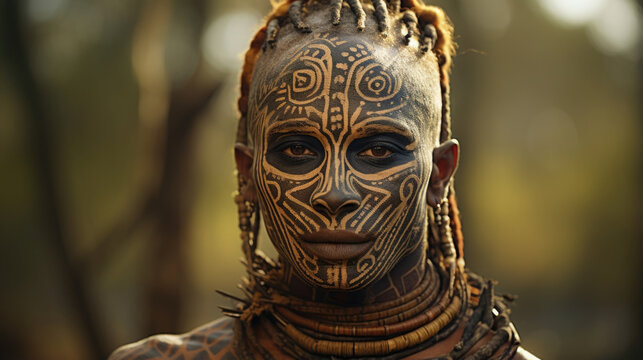 A man with intricate face paint designs, representing tribal symbols, harmonizing with the rich, earthy tones of a savannah.