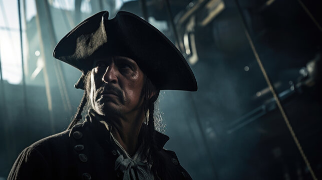 On the deck of a pirate ship, a brooding pirate with a hooked nose leans against the ships wheel. The shadows cast by his tricorn hat and long coat add an air of menace to his presence.