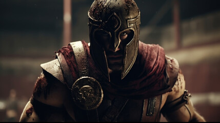 Within the dusty interior of a training arena, a gladiators face masks the exhaustion etched upon his body, determination radiating from his eyes as he pushes himself to the limits of his - obrazy, fototapety, plakaty