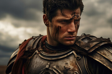 A gladiator with a scarred face and intense eyes, posing against a backdrop of a stormy sky, his...