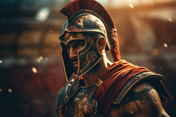 Against the backdrop of a stained arena, a helmeted gladiator stands with his shield raised, his powerful physique radiating strength and resilience. - obrazy, fototapety, plakaty