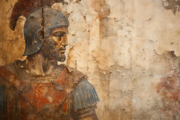 Faded frescoes adorn the walls as a seasoned gladiator confidently raises his trident, his gaze meeting an opponent yet unseen, projecting a silent certainty of victory. - obrazy, fototapety, plakaty