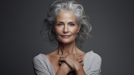 portrait of a woman, skin care, grace and charm of a mature woman whose ageless skin reflects her vibrant spirit example of the beauty found in self-confidence and self-expression, elegance, ageless