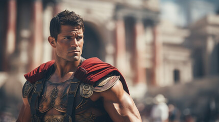 Fototapeta premium Against a backdrop of ancient Roman columns, a gladiator of medium build stands with a poised, restrained energy, his battlehardened body hinting at the countless victories he has achieved.
