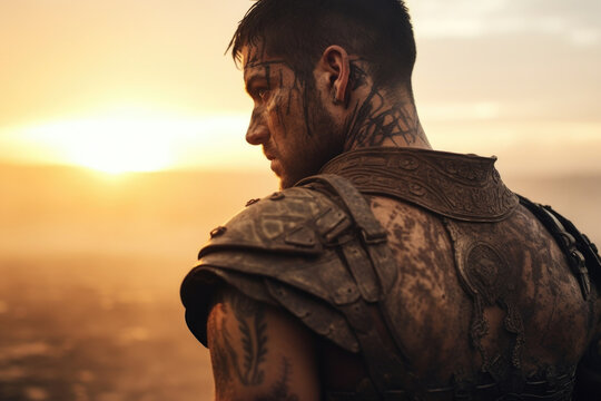 A weathered and scarred gladiator, standing against a misty morning sunrise, his deeply engraved tattoos telling the story of his survival within the brutal world of gladiatorial combat.