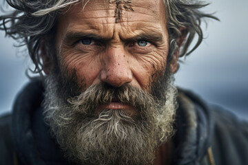 A seasoned seafarer with a saltandpepper beard, intense eyes that reflect his vast voyages, and a face that reveals the weight of battles fought.