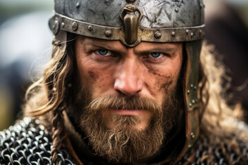 A Viking with a large, hooked nose, a strong jawline, and a steely gaze that hints at his cunning on the battlefield. - obrazy, fototapety, plakaty