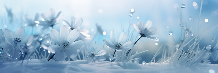 winter background, flowers stuck in ice, snow, cold, christmas - obrazy, fototapety, plakaty