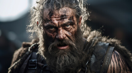 Fototapeta premium A burly Viking with a wild, unkempt beard, a battleworn face, and a fierce scowl that warns foes of his ruthless combat style.