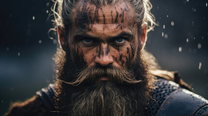 A hulking Viking with a thick, messy beard that partially obscures his stern expression, giving him an imposing and foreboding aura. - obrazy, fototapety, plakaty