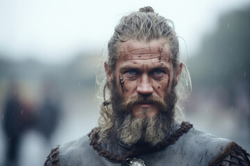 A broadshouldered Viking with a saltandpepper beard, his stoic expression asserting his quiet resilience.