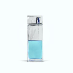 Elegant transparent perfume bottle on desk