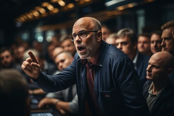 A tense moment as a bank CEO addresses shareholders and stakeholders during an emergency meeting to address the impacts of a financial crisis - obrazy, fototapety, plakaty