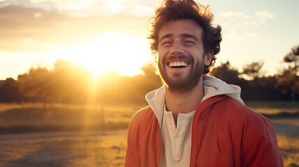 Photo of a young man smiling against a beautiful sunset backdrop