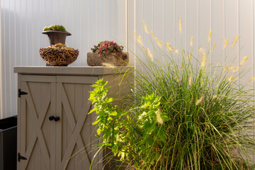 A little cabinet with different decorations and a flower pot with green plants on a terrace