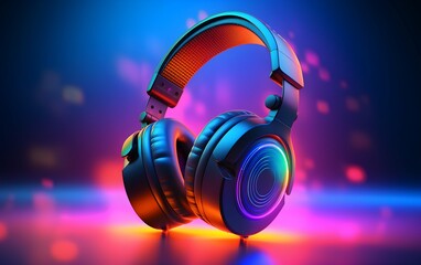 Fototapeta na wymiar 3d music headphones on blue and purple background 