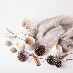 Cozy winter decorative composition in white and beige colors, warm winter decor with coffee cup and candles on white background with copy space
