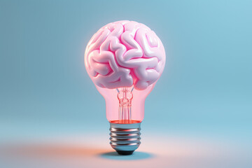  Idea concept. Glowing brain of lamp on blue background. Copy text space.
