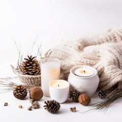Obraz na płótnie Canvas Cozy winter decorative composition in white and beige colors, warm winter decor with coffee cup and candles on white background with copy space