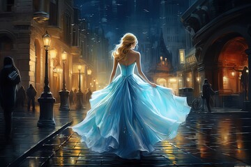 painting style illustration of pretty woman wearing blue gown walking in urban city street at night time, Generative Ai