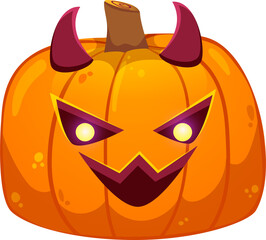 Halloween pumpkin with creepy smiling face and with evil horns. Cartoon Illustration isolated on transparent background.
