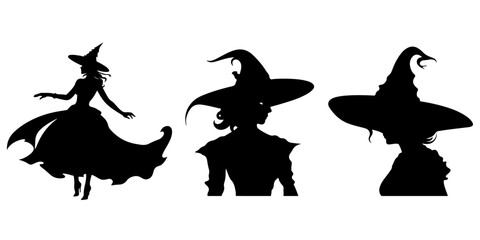 Scare Set of Black Icons for Halloween: Isolated and Paired with a Classic Witch Silhouette. Halloween Witch with Hat Vector Collection